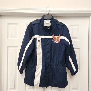 Adidas Navy Blue White Stripe Parka Coat With USA Eagle Flag Patch
